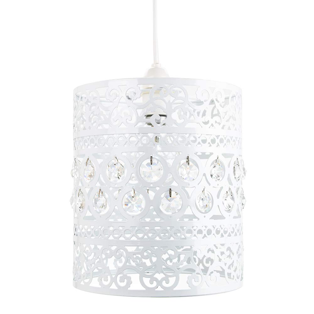 Traditional and Ornate White Easy Fit Drum Pendant Shade with Clear Acrylic Droplets | 20cm Diameter | Shabby Chic Style by Happy Homewares