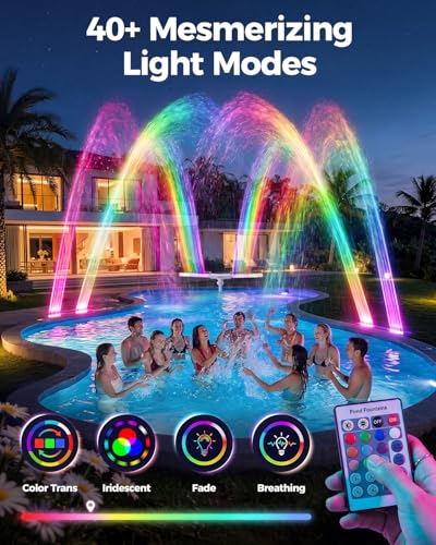 AJOGO Solar Pool Fountain with Lights for Inground & Above Ground Pools — Dual-Powered Rechargeable, 10-Color Dynamic LED Waterfall, 15°F Cooling Aerator (White)