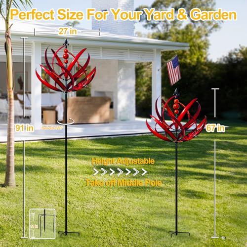 LimeHill Wind Spinner for Garden and Yard - Large Metal Kinetic Wind Sculptures for Outdoor Decor (91 Inches, Burgundy Lotus)