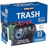 Kirkland Signature Carton is 100% recyclable 33 Gallon Black Drawstring Trash Bag 90 Count ,Tear-Stop Technology