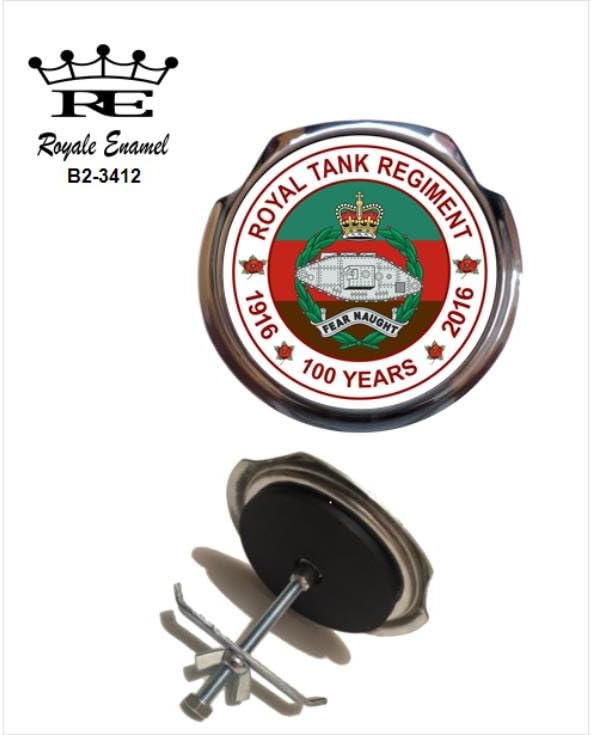 ROYALE ENAMEL ROYALE CAR GRILL BADGE - ROYAL TANK REGIMENT 100 YEARS WHITE B2. 3412