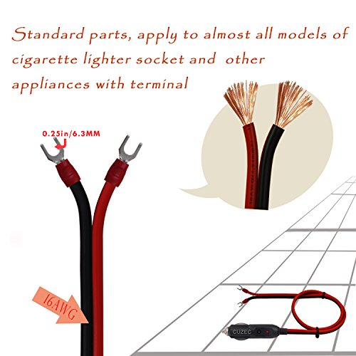 CUZEC Heavy-Duty 15A Male Plug Cigarette Lighter Adapter Power Supply Cord with 1.6ft / 0.5m 16 AWG Cable Wire For Car inverter Air pump electric cup and DIY (CU10220B)