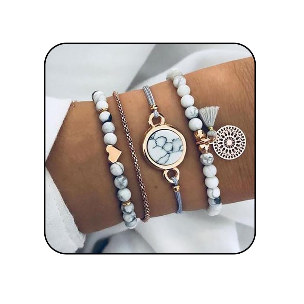 DA Edary Tassel Bracelet Set White Marble Bracelets Heart Hand Accessories Beading Hand Chain Adjustable for Women and Girls(4Pcs)