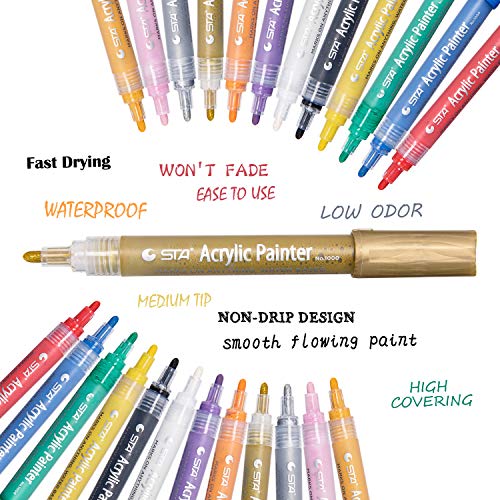 STA Acrylic Paint Pens Marker Pens for Rock Painting, Glass, Porcelain, Mug, Wood, Fabric