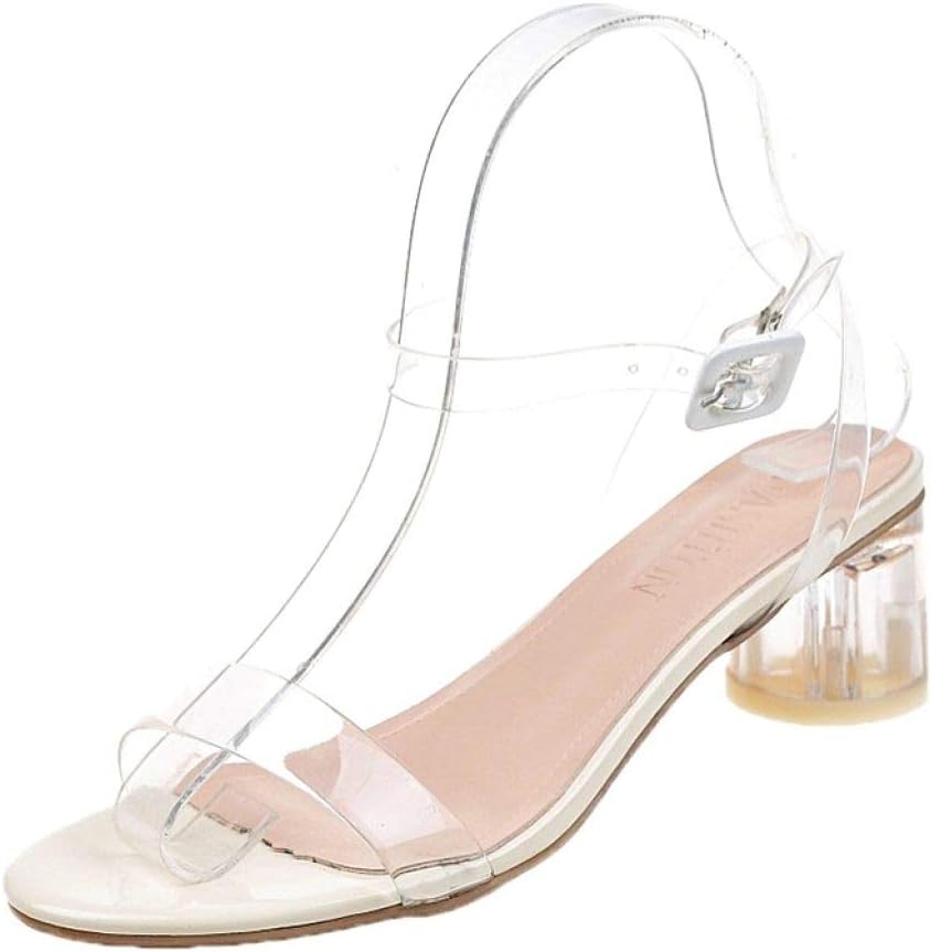 Women's Pumps Sexy Transparent Mid Square Heel Sandals Classic Ankle Strap Clear PVC Buckle Summer Shoes