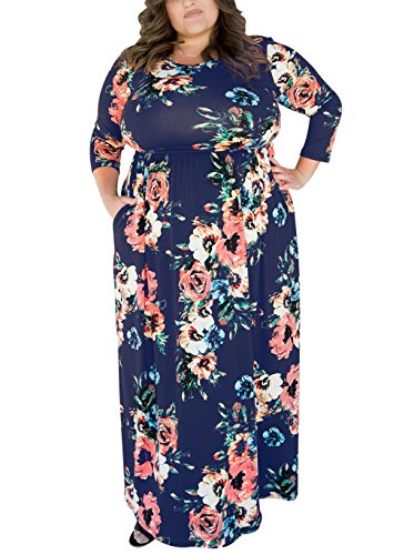FAVALIVE Plus Size Empire Waist 3/4 Sleeve Maxi Dresses for Women Party Navy 3XL