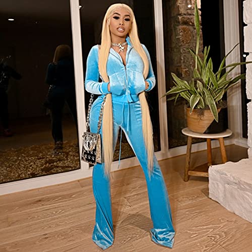 TWO PIECE PANTS OUTFITS FOR WOMEN VELOUR LONG SLEEVE ZIP UP CROP TOPS JACKETS AND FLARED LONG PANT SETS LIGHT BLUE S