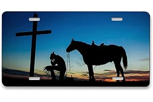Pehede License Plate Western Cowboy Praying Before The Cross Decorative Car Front 6X12 Inch