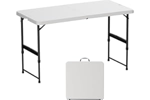 Upstreman Home 4ft Portable Folding Table, SwiftFold™ Plastic Table w/4 Adjustable Heights, Indoor Outdoor Heavy Duty Fold-in-Half Utility Table w/Carry Handle Lock, Party Office 300LBS,Granite White