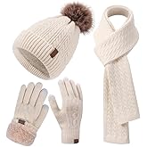 Winter Hat Scarf Gloves Set for Women, Classic Cable Beanie with Removable Pom Pom Long Scarf Touchscreen Gloves 3 in 1 Set