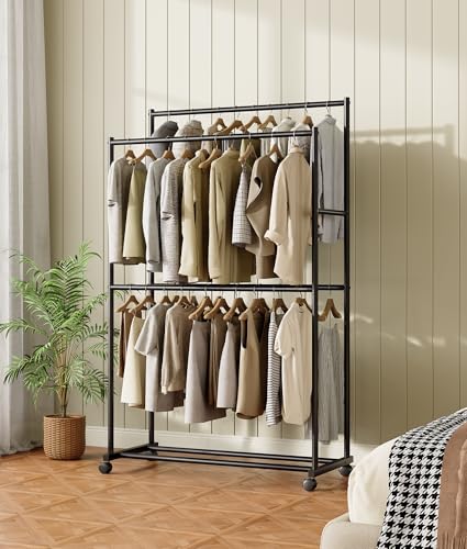 Tujurich Heavy Duty Clothes Rack - 92 x 54 x 183 cm, 4-Rail Double Rail Clothes Rail on Wheels, Metal Clothes Rack for Bedroom, Living Room, Washroom, Black