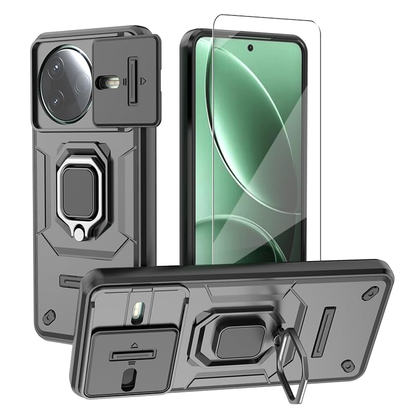 Photo 1 of WRTBS Phone Case for Xiaomi Poco F7 Pro 5G Case with Glass Screen Protector, Built Slide Camera Protection Cover,Military Heavy Duty Full Body Protective Phone Case - Black