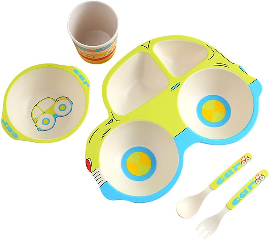 (ケヤカ)Keyaka 食器セット 子供 ベビー 5点セット プレート お茶碗 コップ フォーク スプーン 車型 仕切り 割れない すくいやすい 子供 食器 男の子 女の子 ギフト 幼児 離乳食 食器 出産祝い かわいい