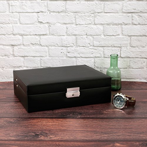 Watch Box Storage Case Leather for 10 Watches with Lined Pocket (Black/Charcoal Grey)