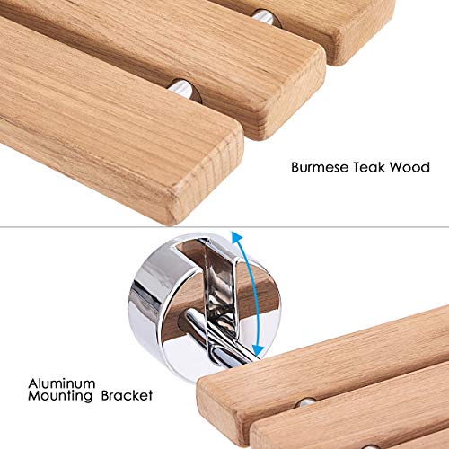 20'' Teak Wood Folding Shower Seat Bench, Wall Mount Bathroom Folding