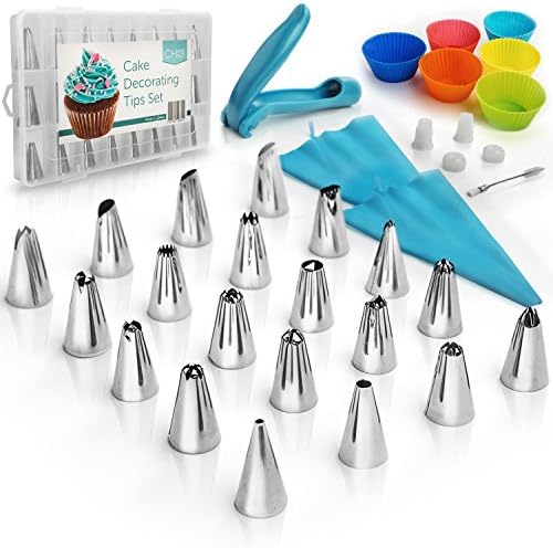 Cake Decorating Supplies Kit 35 pcs Set: 24 Icing Tips - 1 Decoration Pen - 2 Silicone Piping Bags - 1 Cleaning Brush - 2 Nozzles Couplers - 6 Baking Cupcake Cups - Pastry Tools - With Gift box