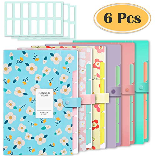 Selizo 6 Pcs Expanding File Folder with 5 Pockets Document Organizer Plastic A4 Size and 168 Pcs File Folder Labels for School Teacher and Office