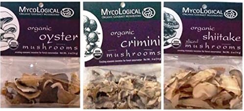 Mycological Organic Dried Mushroom 3 Variety Bundle: (1) Organic Sliced Shitake Mushrooms, (1) Organic Crimini Mushrooms, and (1) Organic Oyster Mushrooms, .5 Oz. Ea.