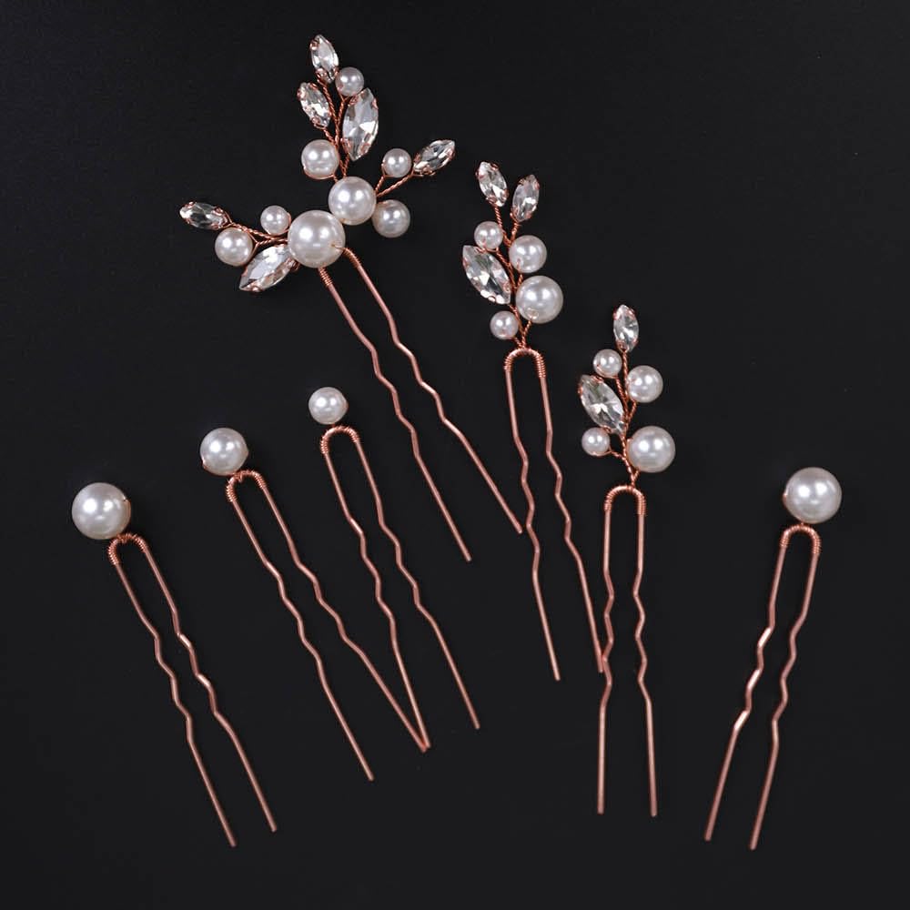Chargances 7 Pieces Bridal Pearl Bobby Hair Pins Wedding Crystal Beaded Hair Pins Elegant Pearl Wedding Hair Accessories for Women and Girls (Rose Gold)