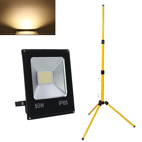 HG® 50W Warmweiß LED Fluter Baustrahler Warmweiß leuchtmittel Mit Teleskop-Stativ,Wasserdicht IP65 Scheinwerfer Außen Scheinw