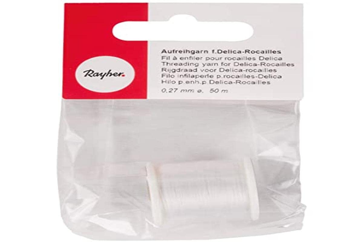 Rayher 89300100 Beading Thread for Seed Beads with a Diameter of 0.27 mm, Fine Nylon String for Jewellery Making, White, 50 m