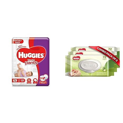 Huggies Wonder Pants Mega Jumbo Pack Small Size Diapers, 126 Count & Huggies Baby Wipes - Cucumber & Aloe, Pack of 3 (216 Wipes)