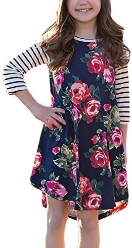 COONITA Girls Big Kids Floral Stripe 3/4 Sleeve Swing A Line Tunic Casual Dress,8 Years Navy