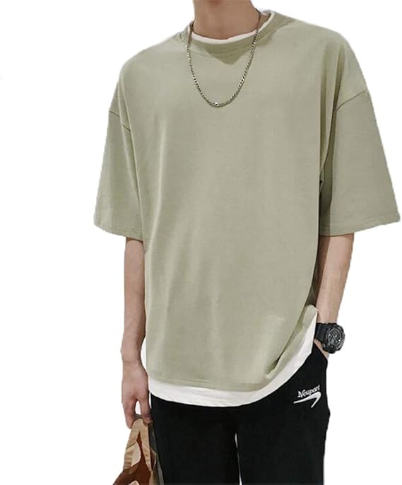Amazon Stjd Tシャツ カットソー クルーネック 丸首 半袖 5分袖 フェイクレイヤード 重ね着風 トップス メンズ シンプル 無地 カジュアル おしゃれ ゆったり 大きいサイズ ファッション ホワイト カーキ レッド グリーン ブラック ブラウン ブルー Tシャツ