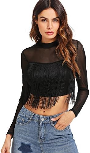 Women's Stand Collar Long Sleeve Fringe Slim Fit Casual Crop Top Blouse Black S