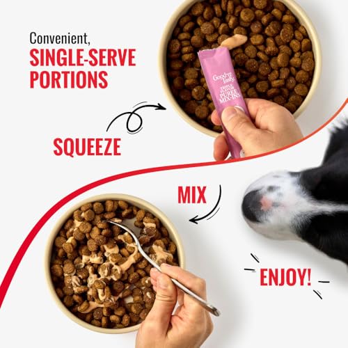 GOOD ‘N’ TASTY TRIPLE FLAVOR PUREE MIX-INS DOG FOOD TOPPER TREATS FOR ALL DOGS, 28 COUNT, EASY SINGLE-SERVE PORTIONS, ADDED PROTEIN WITH SALMON, TUNA AND KRILL, NO CHICKEN OR BEEF ADDED