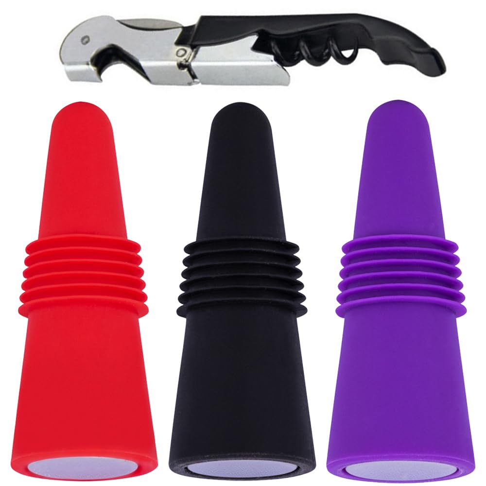 4 Pieces Wine Stoppers 3-in-One Waiters Corkscrew Reusable Wine Bottle Stoppers for Glass Bottles Wine or Beer