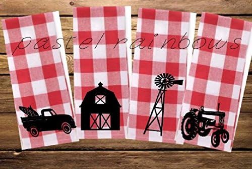 Red Gingham Check Cotton FARM ANIMAL Dish Towels-Set of Two