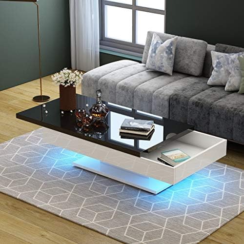 Wonderlife Modern Coffee Table with Storage High Gloss LED Light Modern Side/End/Sofa Table (Black Top)