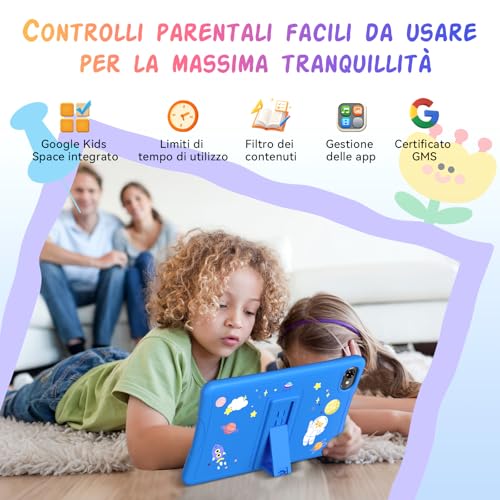 Tablet Bambini 10 Pollici, Android 16 Tablet per Bambini 3-12 Anni, 16GB RAM(4+12) + 64GB ROM, Controllo Genitori, GMS, 5000mAh, WiFi6, WidevineL1, con Custodia Anti-caduta e Penna, Garanzia di 4 anni