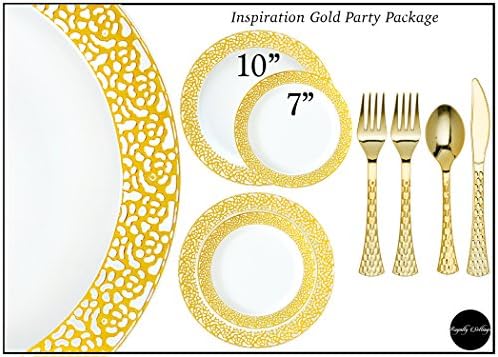 Royalty Settings Inspiration Collection Lace Plastic Plates for Weddings for 120 Persons, Includes 120 Dinner Plates, 120 Salad Plates, 240 Forks, 120 Spoons, 120 Knives, White with Gold Rim