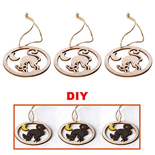 6PCS Halloween Theme Wooden Pendent,Round Hollow Wood Pumpkins Witch Haunted House Ghost Black Cat Shape DIY Ornaments Home Holiday Halloween Party Decoration