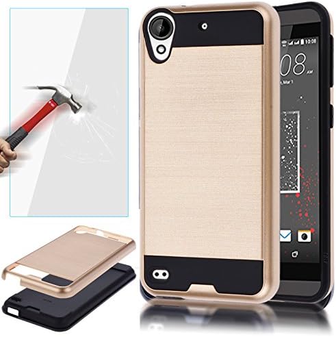 HTC 530 Case,HTC Desire 630 Case,AUU 2Layer Metal Texture Hybrid Full Body Impact Resistant Shockproof Cover Heavy Duty Skin Shell For HTC Desire 530 / 630 Gold + Tempered Glass Screen Protector