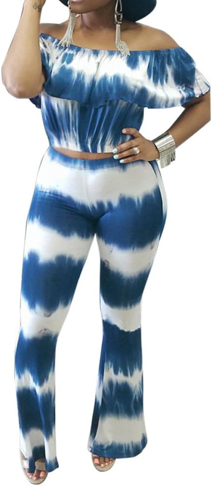 Slim Bloom Women's Floral Two Piece Outfits Off Shoulder Crop Top and Pant Set