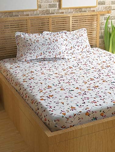 Story@Home 186 TC 100% Cotton Floral Pattern Metro Collection 1 Double Bedsheet with 2 Pillow Cover - Pink and White