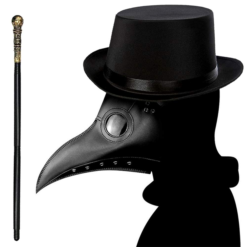 Lifreer Plague Doctor Mask + Top Hat + Handheld Cane, Halloween Cosplay Costume Props,Black,M