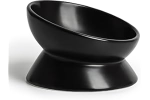 YauYik Ceramic Raised Cat Bowl - Cat Food Bowl Elevated Tilted for Short Leg Cats and Small Dogs - 6 Inches Whisker Friendly Pet Bowl Dish, Reduce Neck Burden Feeding Bowl, Black, 10 Oz