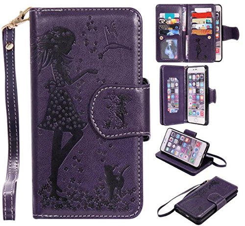 iPhone 6 plus /6S Plus 5.5" Case,JLTL Embossing Girl Cat [9 Card Slots] Wallet Folio PU Leather Cover With Makeup Mirror and Wrist Strap Case for Apple iPhone 6 plus/ 6S Plus 5.5inch