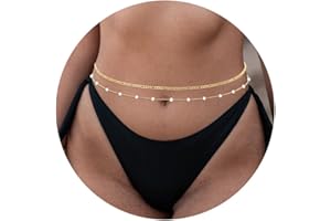 RLMOON 2PCS 18K Gold/Silver Plated Waist Chains Pearl CZ Belly Body Chain for the Waist Layered Gold Belly Chains Waist Jewelry for Women 26-41Inch