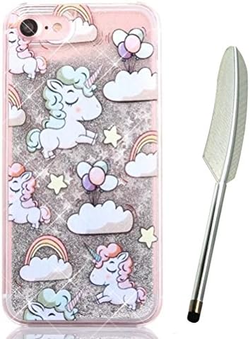 iPhone 7 Glitter Case, iPhone 7 Liquid Case, Cute Lovely Cartoon Unicorn Rainbow Cloud Balloon Design, Edaroo Stars Silver Quicksand Moving Luxury Bling Glitter Floating Dynamic Flowing Transparent Hard Case Cover for 4.7 inch iPhone 7 with Free Stylus