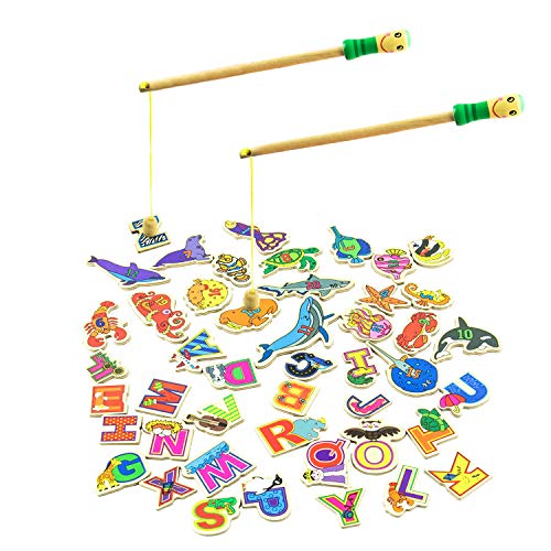 MEIGO Magnetic Fishing Game - Toddler Wooden Magnet Animals and Letters Educational Toys for Kids 2 3 4 5 Year Old Boys Girls (46pcs)