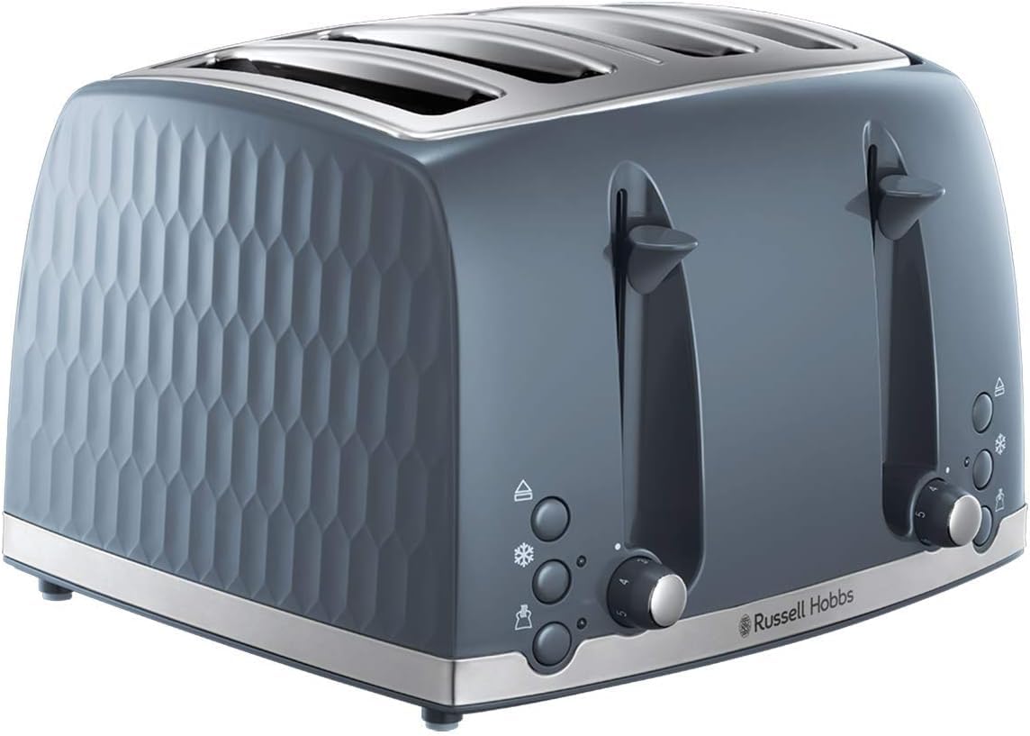 Russell Hobbs Honeycomb 4 Slice Toaster (Independent & Extra wide slots with high lift, 6 Browning levels, Frozen/Cancel/Reheat function, Removable crumb tray, 1500W, Grey textured high gloss) 26073