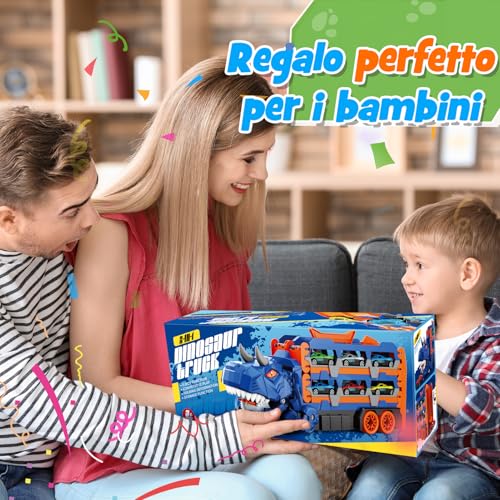 iKidiki Dinosaurs Truck Cars for Children, Toy Child 2 3 4 5 Years Dinosaurs for Children Gift Child 2 3 4 5 Years Old Truck Toy for Children, Track Car with 6 Alloy Racing Cars