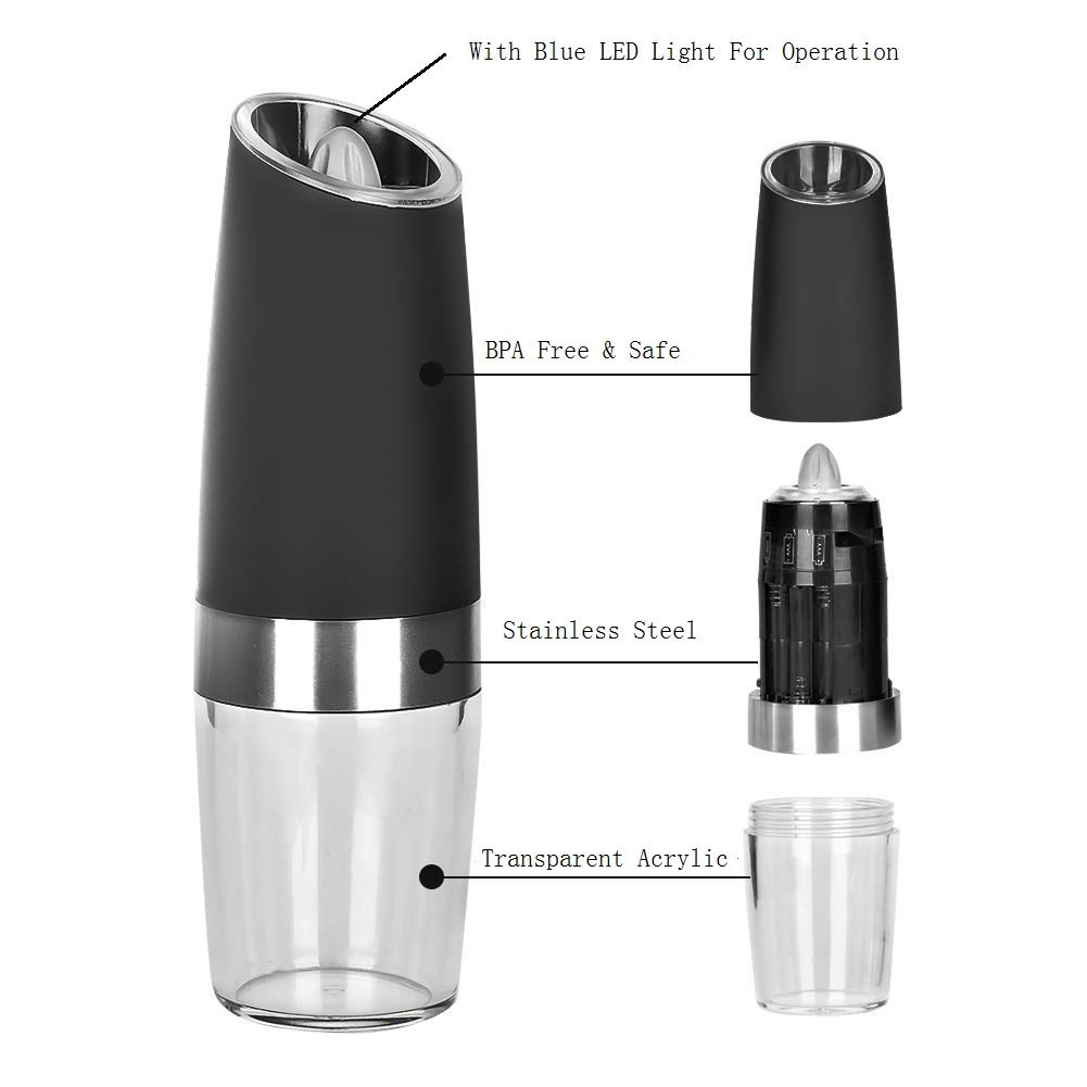 Schwerkraft Elektrische Pfeffermühle, Salz und Pfeffermühle Gewürzmühle mit einstellbarem Grobheits mechanismus, Keramik-Mechanismus, Automatikbetrieb, Batteriebetrieben mit Blauem LED-Licht