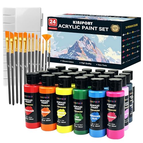 KINSPORY 24 x 60ml Acrylic Paint with 12 Brushes and Palette - Water Resistant, Safety Certified - for Canvas, Stone, Wood, Fabric, Ideal for Artists, Beginners and Kids