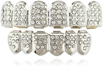 Jaiconfiance Teeth Grillz Set Hip Hop Grills Gold Teeth Grills with Rhinestone Top with Rhinestone Bottom Set Grills 2 Colors Plated Hip Hop Teeth (Color : Silver(1))